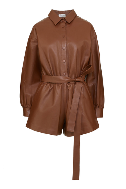 Button-Up Long Sleeve Leather Jumpsuit